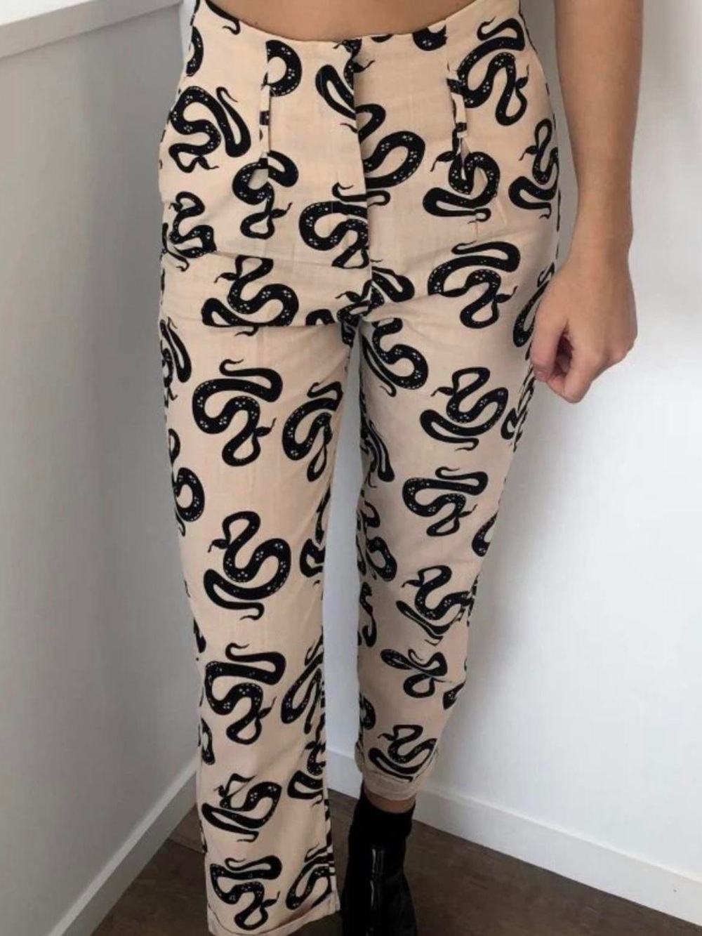High-Waist Beige Snake Print Trousers